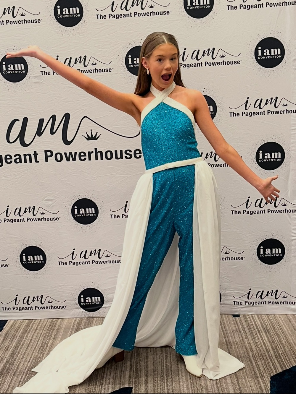 Ashley Lauren Teal Halter Jumpsuit Dress with White Cape